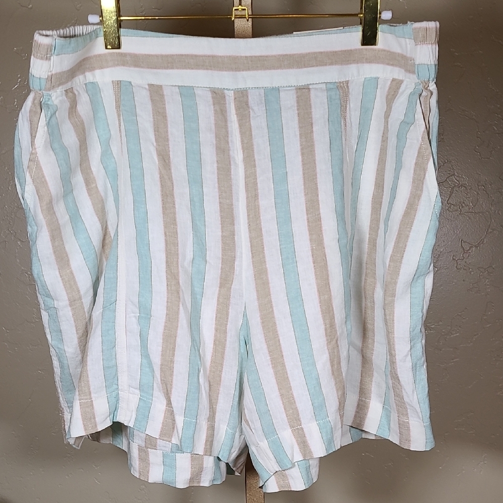 Lane Bryant Tan and White and Blue Linen Blend Shorts Relaxed‎ Fit Size 1…